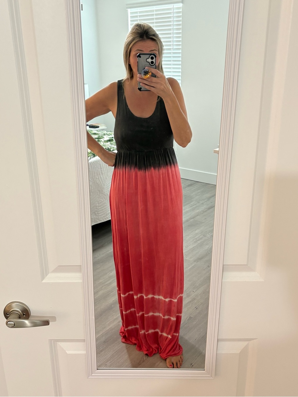 Sleeveless Black and Coral Ombre Tie-Dye Maxi Dress